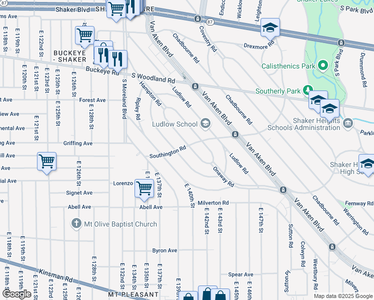 map of restaurants, bars, coffee shops, grocery stores, and more near 3112 Albion Road in Cleveland