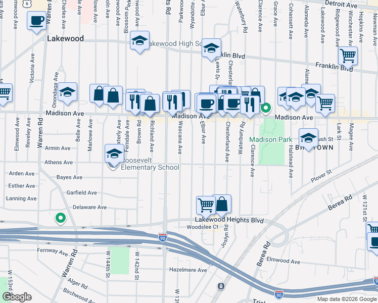 map of restaurants, bars, coffee shops, grocery stores, and more near 2062 Wyandotte Avenue in Lakewood