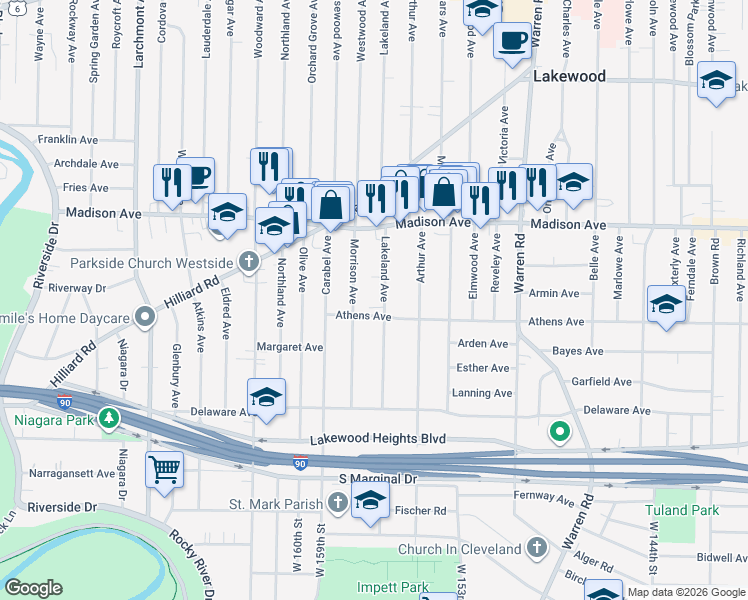 map of restaurants, bars, coffee shops, grocery stores, and more near 2071 Morrison Avenue in Lakewood