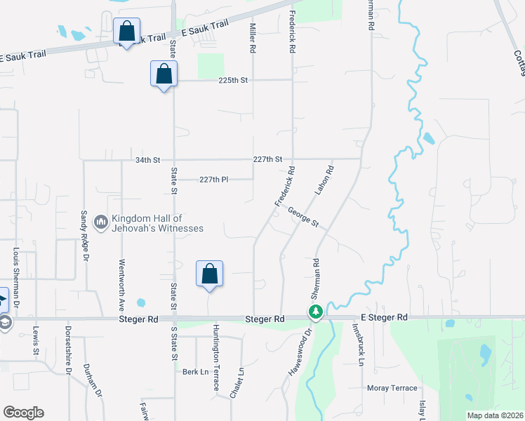 map of restaurants, bars, coffee shops, grocery stores, and more near 22828 Frederick Road in Steger