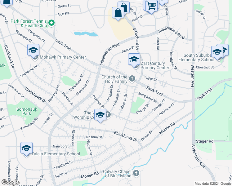 map of restaurants, bars, coffee shops, grocery stores, and more near 323 Niagara Street in Park Forest