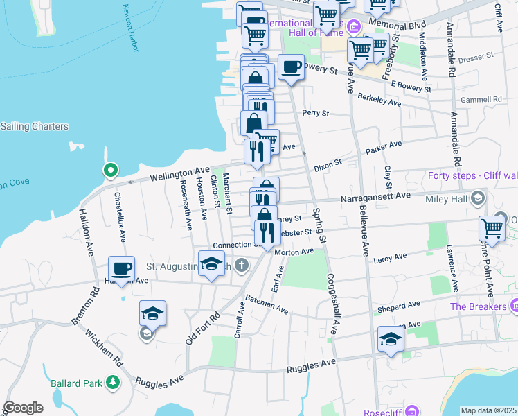 map of restaurants, bars, coffee shops, grocery stores, and more near 14 West Narragansett Avenue in Newport