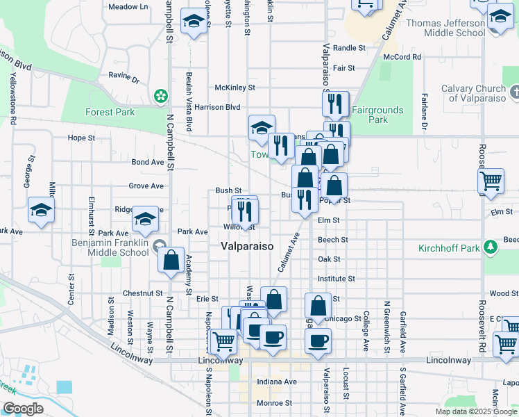 map of restaurants, bars, coffee shops, grocery stores, and more near 23 Pine Street in Valparaiso