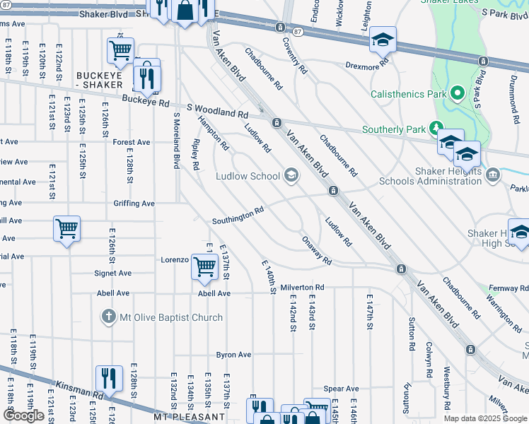 map of restaurants, bars, coffee shops, grocery stores, and more near 3112 Albion Rd in Cleveland
