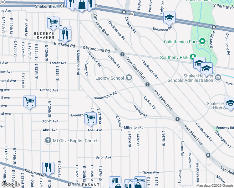 map of restaurants, bars, coffee shops, grocery stores, and more near 3112 Albion Road in Cleveland
