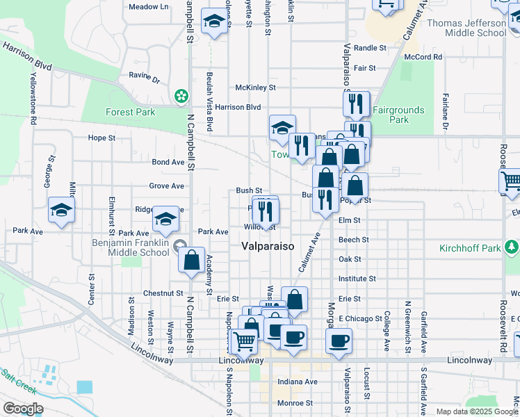 map of restaurants, bars, coffee shops, grocery stores, and more near 73 Pine Street in Valparaiso