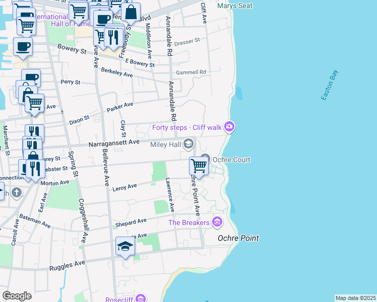 map of restaurants, bars, coffee shops, grocery stores, and more near 100 Ochre Point Avenue in Newport