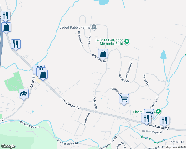 map of restaurants, bars, coffee shops, grocery stores, and more near 36 Davin Drive in Naugatuck