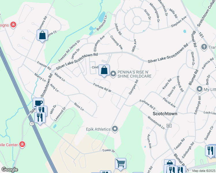 map of restaurants, bars, coffee shops, grocery stores, and more near 23 Rockwood Drive in Scotchtown