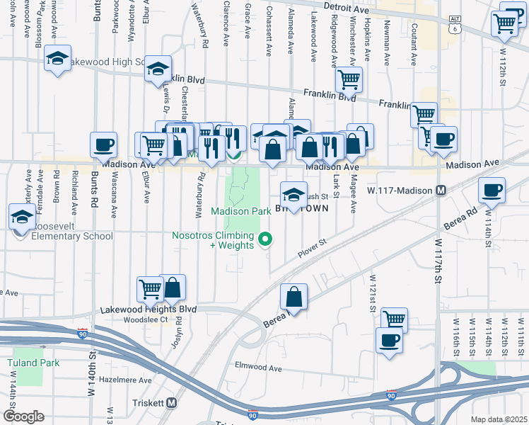 map of restaurants, bars, coffee shops, grocery stores, and more near 2068 Halstead Avenue in Lakewood