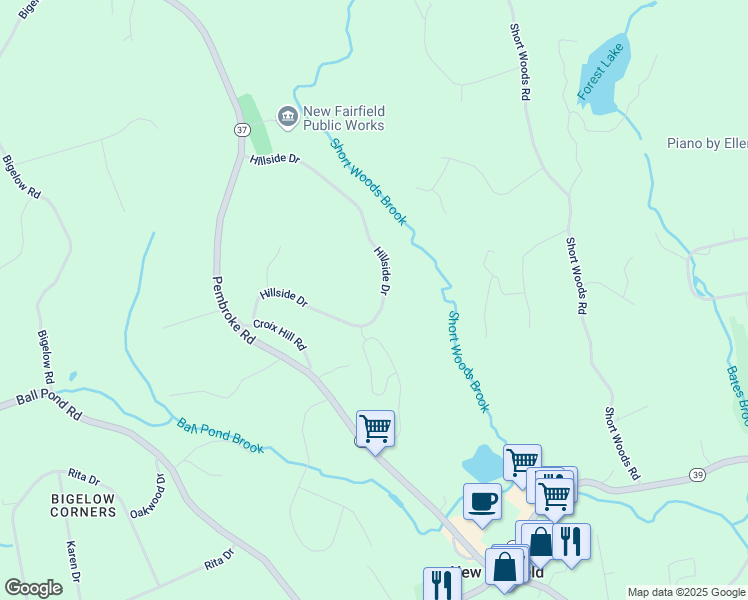 map of restaurants, bars, coffee shops, grocery stores, and more near 23 Hillside Drive in New Fairfield