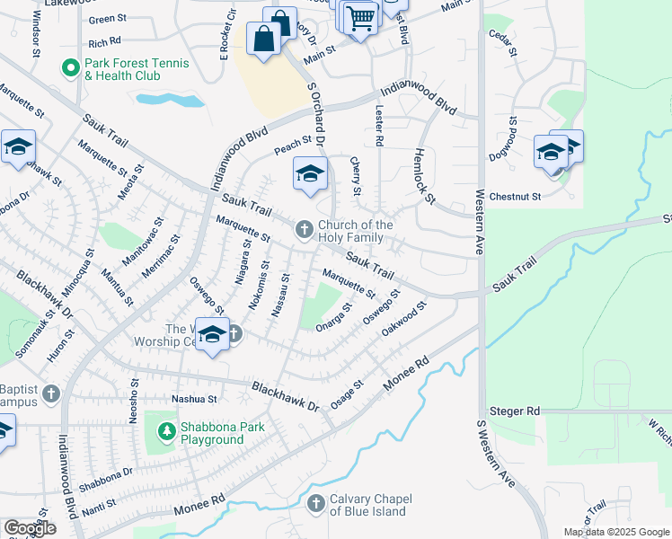 map of restaurants, bars, coffee shops, grocery stores, and more near 74 Marquette Street in Park Forest