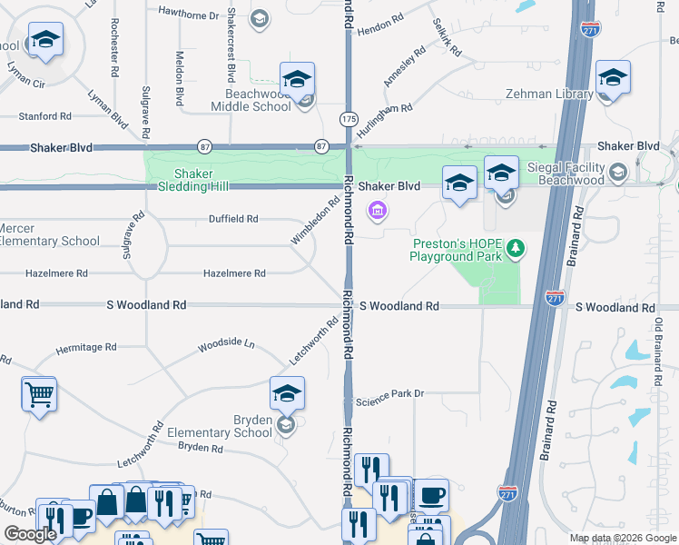 map of restaurants, bars, coffee shops, grocery stores, and more near 2970 Richmond Road in Beachwood