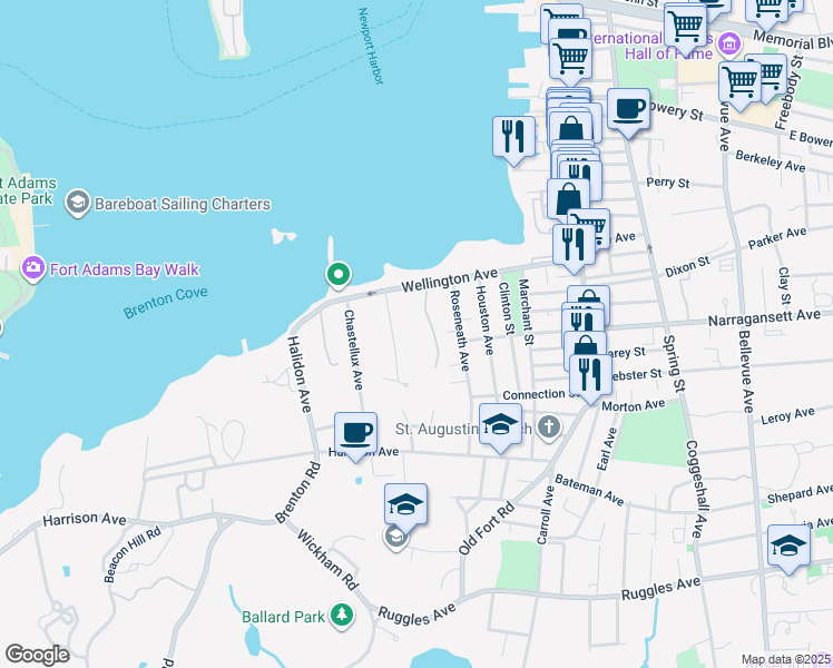 map of restaurants, bars, coffee shops, grocery stores, and more near 3 Harbor View Drive in Newport