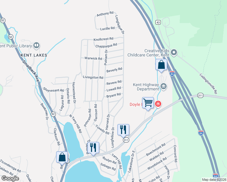 map of restaurants, bars, coffee shops, grocery stores, and more near 15 Lowell Road in Carmel Hamlet