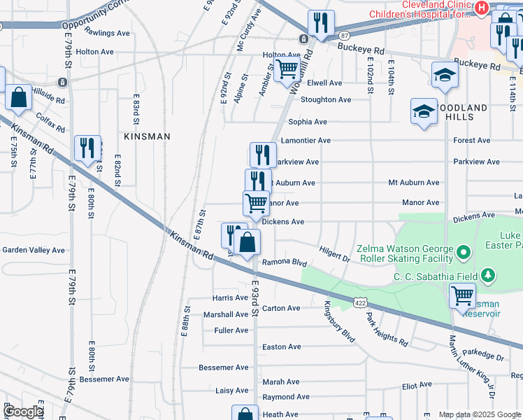 map of restaurants, bars, coffee shops, grocery stores, and more near 3089 East 93rd Street in Cleveland