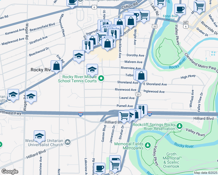 map of restaurants, bars, coffee shops, grocery stores, and more near 19682 Riverwood Avenue in Rocky River