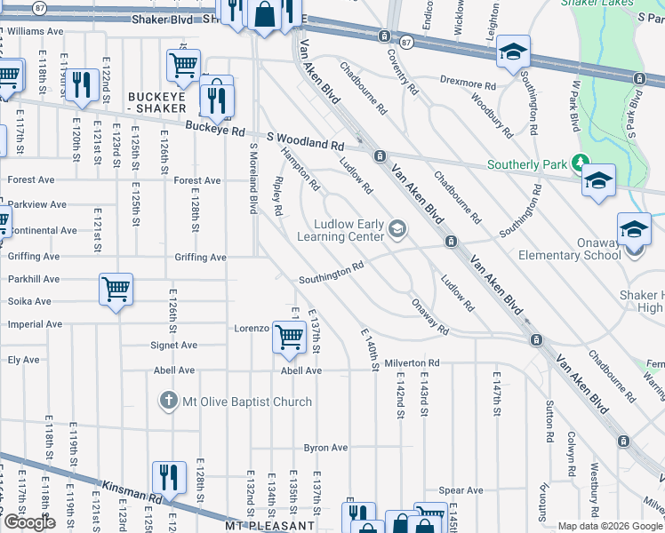 map of restaurants, bars, coffee shops, grocery stores, and more near 3093 Becket Road in Cleveland