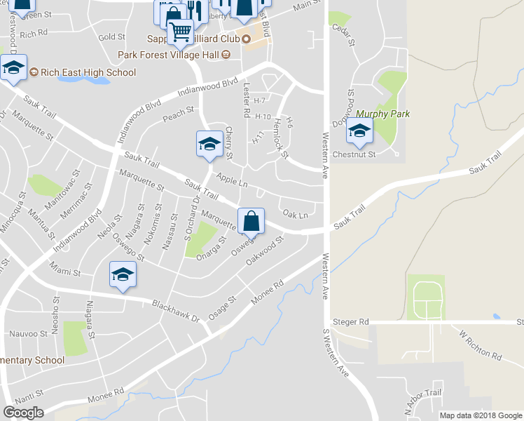 map of restaurants, bars, coffee shops, grocery stores, and more near 34 Sauk Trail in Park Forest