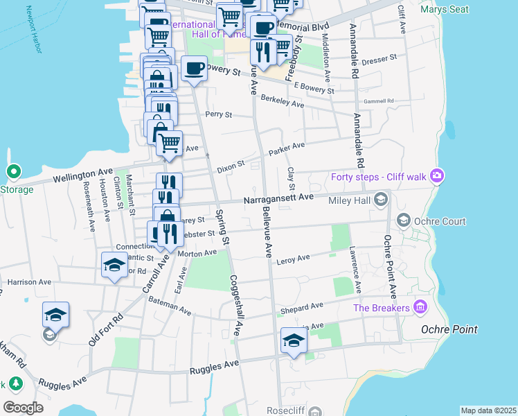 map of restaurants, bars, coffee shops, grocery stores, and more near 425 Bellevue Avenue in Newport