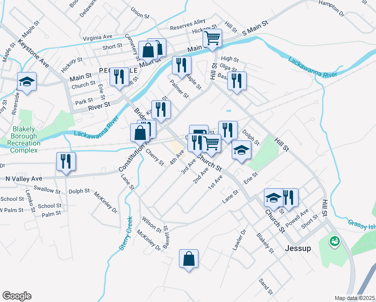 map of restaurants, bars, coffee shops, grocery stores, and more near 304 Church Street in Jessup