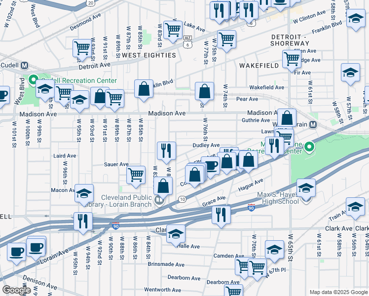 map of restaurants, bars, coffee shops, grocery stores, and more near 7901 Dudley Avenue in Cleveland