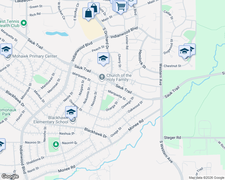 map of restaurants, bars, coffee shops, grocery stores, and more near 74 Marquette Street in Park Forest