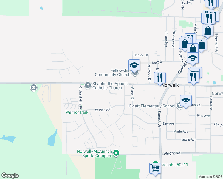 map of restaurants, bars, coffee shops, grocery stores, and more near 723 Aussie Drive in Norwalk