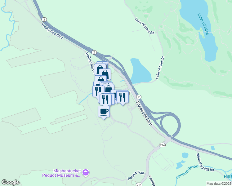 map of restaurants, bars, coffee shops, grocery stores, and more near Grand Pequot Avenue in MASHANTUCKET