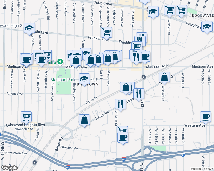 map of restaurants, bars, coffee shops, grocery stores, and more near 2070 Magee Avenue in Lakewood