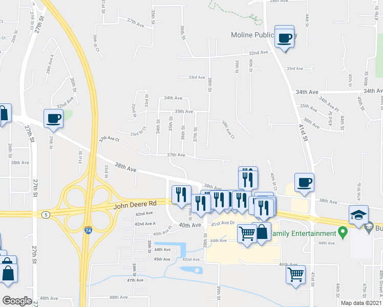map of restaurants, bars, coffee shops, grocery stores, and more near 3615 37th Ave in Moline