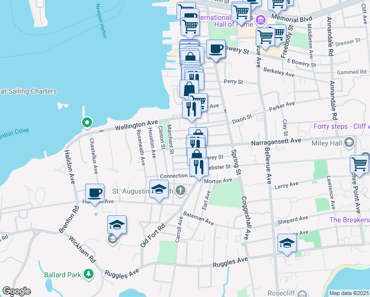 map of restaurants, bars, coffee shops, grocery stores, and more near 14 West Narragansett Avenue in Newport