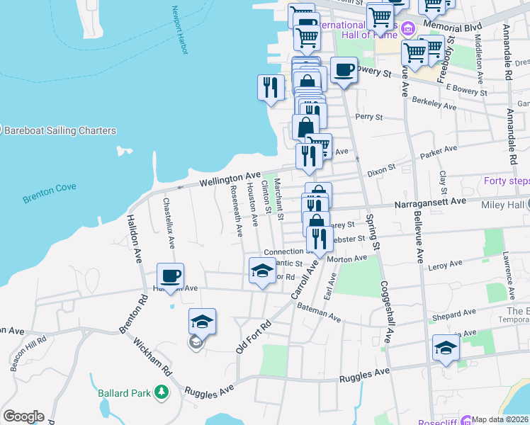 map of restaurants, bars, coffee shops, grocery stores, and more near 56 Houston Avenue in Newport