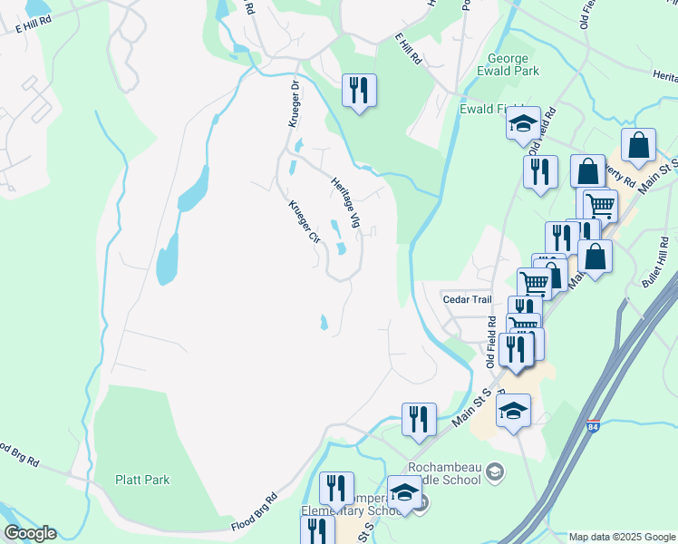 map of restaurants, bars, coffee shops, grocery stores, and more near 359 Krueger Circle in Southbury