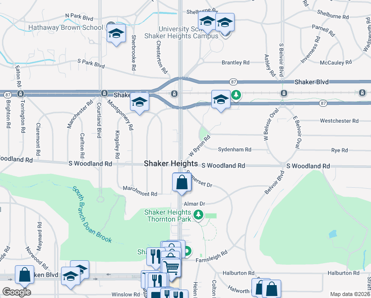 map of restaurants, bars, coffee shops, grocery stores, and more near 20549 West Byron Road in Shaker Heights
