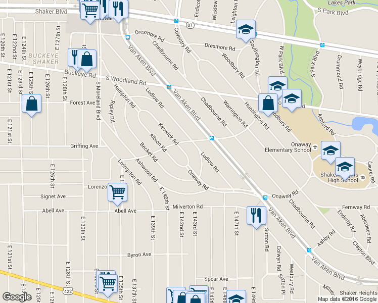 map of restaurants, bars, coffee shops, grocery stores, and more near 3105 Keswick Road in Shaker Heights