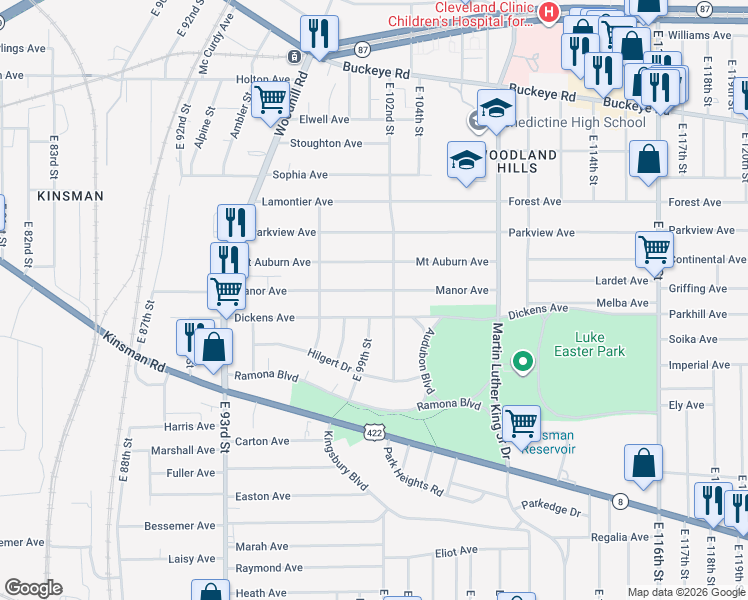 map of restaurants, bars, coffee shops, grocery stores, and more near 10016 Manor Avenue in Cleveland