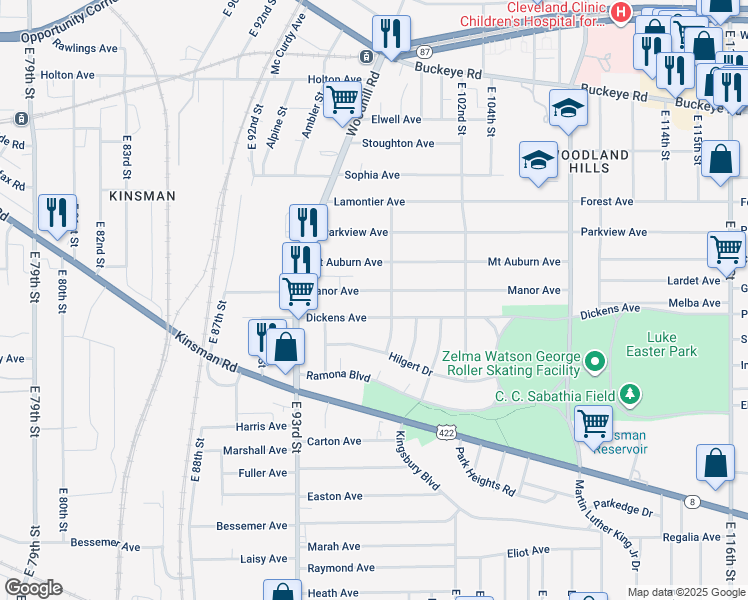 map of restaurants, bars, coffee shops, grocery stores, and more near 9612 Manor Avenue in Cleveland