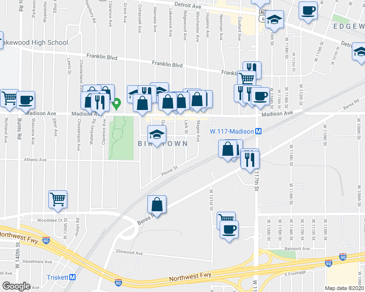 map of restaurants, bars, coffee shops, grocery stores, and more near 2065 Robin Street in Lakewood