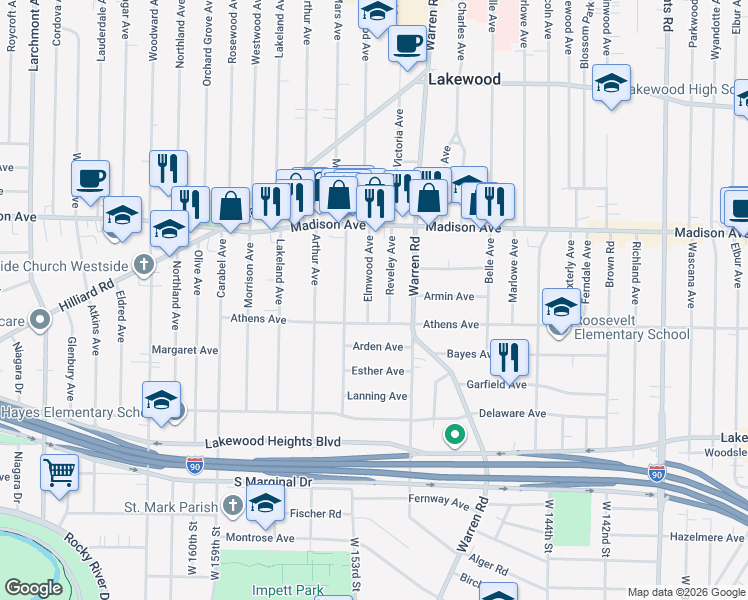 map of restaurants, bars, coffee shops, grocery stores, and more near 2084 Elmwood Avenue in Lakewood