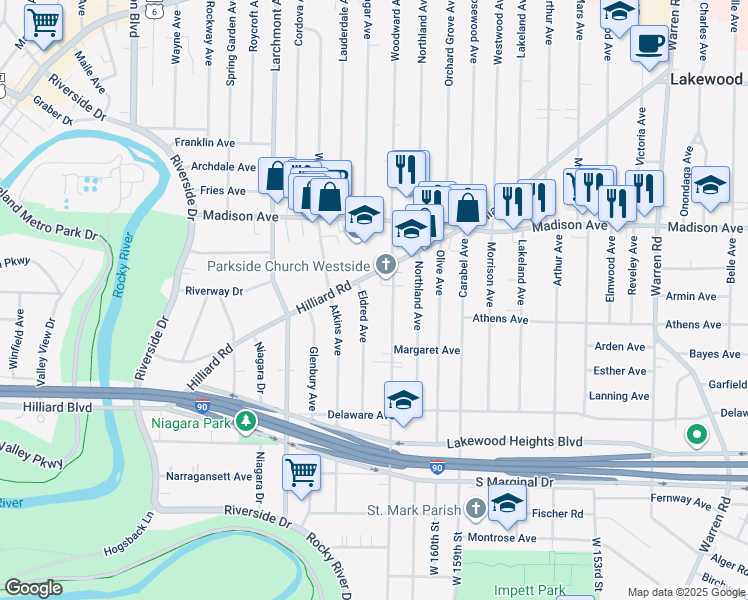 map of restaurants, bars, coffee shops, grocery stores, and more near 2116 Eldred Avenue in Lakewood
