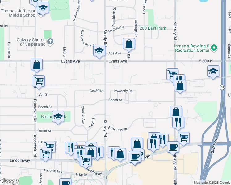map of restaurants, bars, coffee shops, grocery stores, and more near 2000-2108 Powderly Road in Valparaiso