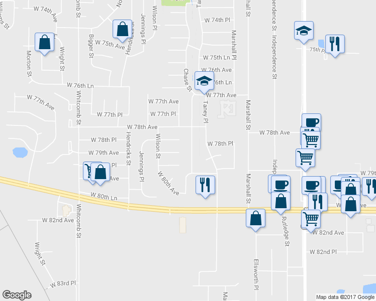 map of restaurants, bars, coffee shops, grocery stores, and more near 7836 Chase Street in Merrillville