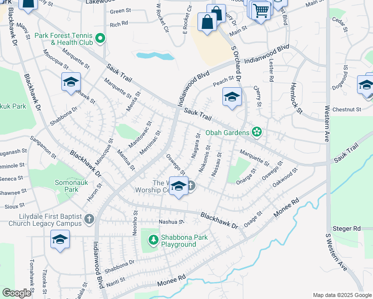 map of restaurants, bars, coffee shops, grocery stores, and more near 326 Neola Street in Park Forest