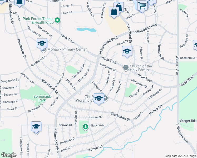 map of restaurants, bars, coffee shops, grocery stores, and more near 326 Neola Street in Park Forest
