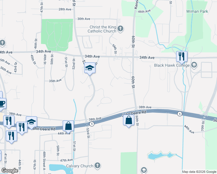 map of restaurants, bars, coffee shops, grocery stores, and more near 3521 56th St Ct in Moline