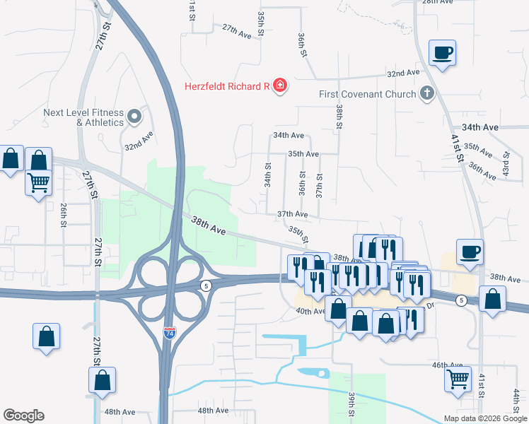 map of restaurants, bars, coffee shops, grocery stores, and more near 3623 34th Street in Moline