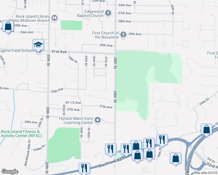map of restaurants, bars, coffee shops, grocery stores, and more near 3507-3511 37th Street in Rock Island