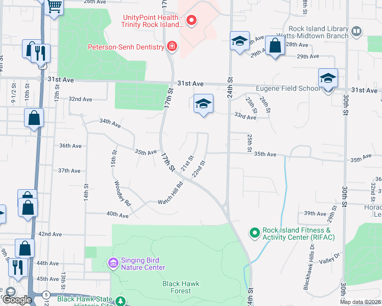 map of restaurants, bars, coffee shops, grocery stores, and more near 3423 21st Street in Rock Island