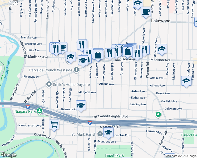 map of restaurants, bars, coffee shops, grocery stores, and more near 2079 Carabel Avenue in Lakewood